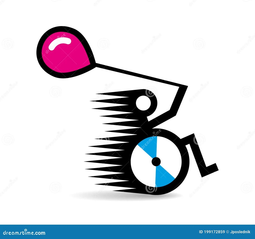 An icon of a person in a wheelchair holding a balloon. The ballon trails behind as speed indicators show the person rolling quickly. 